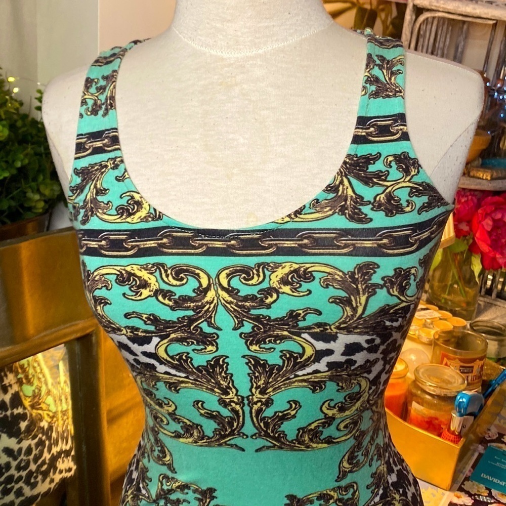 ๐ท Buffalo David Bitton ๐ท Y2K Sleeveless Green Gold Chain Geometric Pattern Dress - Picture 2 of 15